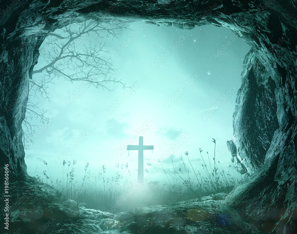 Good Friday concept: Empty tomb with cross on night background Stock