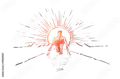 Vector hand drawn the best start concept sketch. Business man sitting on his haunches on road and preparing to start running.