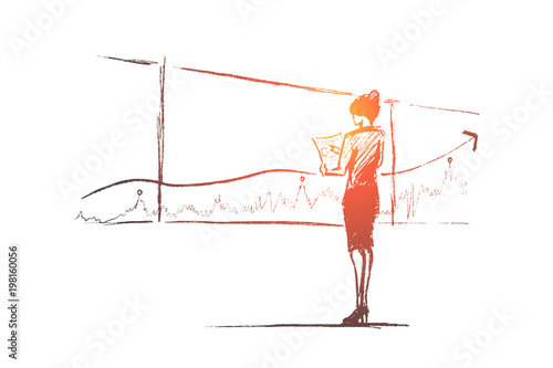 Hand drawn business analysis sketch and success concept. Business woman in office clothes standing and looking at presentation of positive dynamics and business analysis.