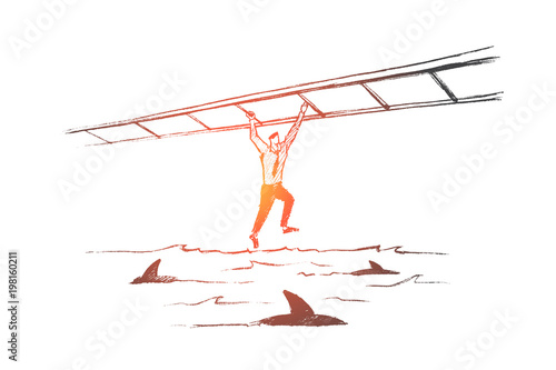 Vector hand drawn business concept sketch. Business man hanging on suspended ladder and balancing over sea full of sharks.