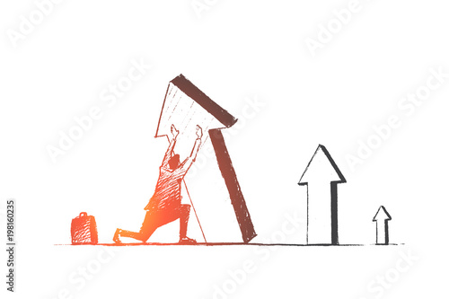 Vector hand drawn business concept sketch. Businessman sitting on his haunches and trying to lift falling indicator of growth by hands.