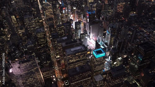 New York City wide angle aerial view at night, over Midtown Manhattan and Times Square.