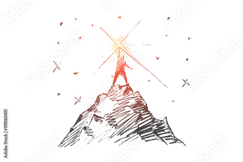 Vector hand drawn business concept sketch. Bisinessman standing at top of hill and touching bright star from the sky.