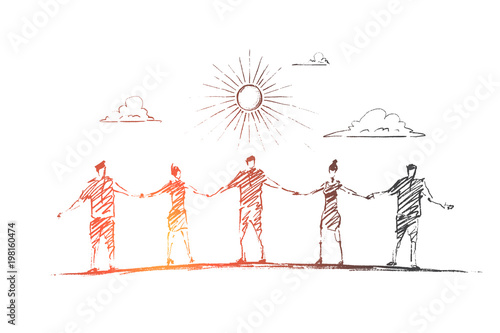 Vector hand drawn friendship concept sketch. Five friends standing under the Sun and holding each others hands.