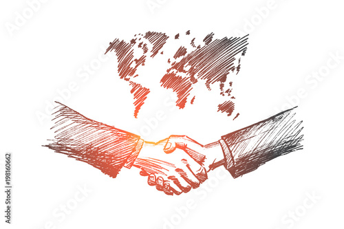 Vector hand drawn international partnership sketch. Handshaking of two businessmen on world map background meaning successful meeting or deal.