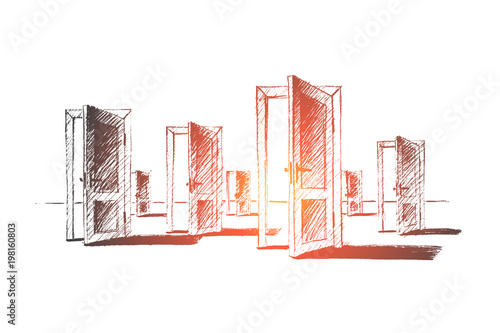Vector hand drawn open doors concept sketch. Many open doors meaning problem of right choice and new opportunities.
