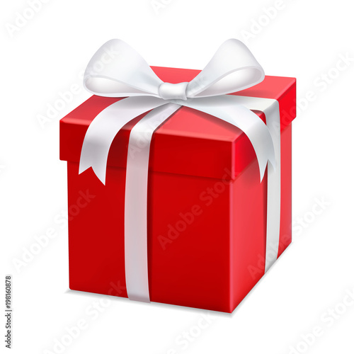 Red gift box with white ribbon and bow. Vector 3d illustration