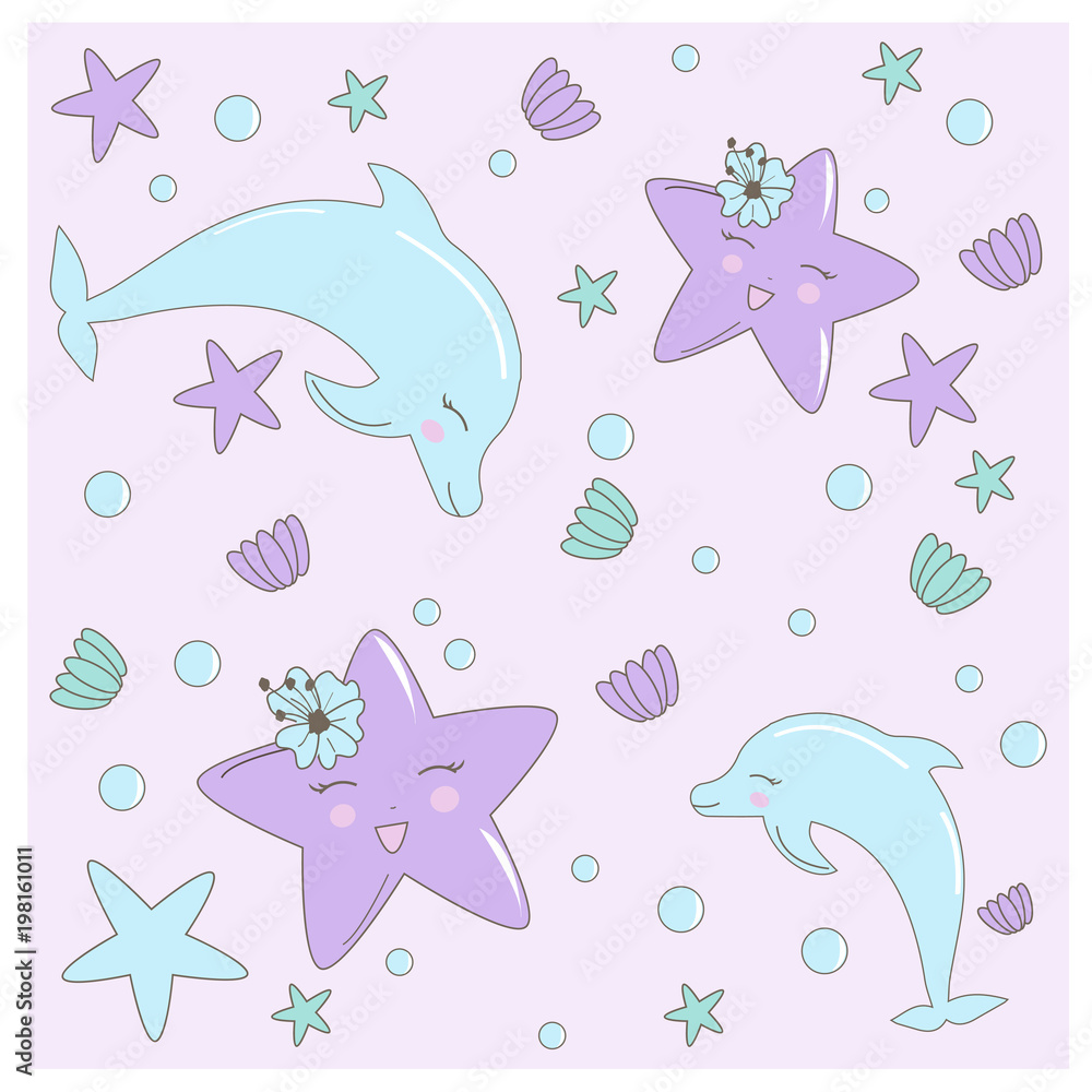 Seamless Pattern with Hand drawn with sea star, flowers and shells in pastel colors. Cute Illustration for baby showers, birthday, t-shirts, mugs, cards and backgrounds. Doodle character design