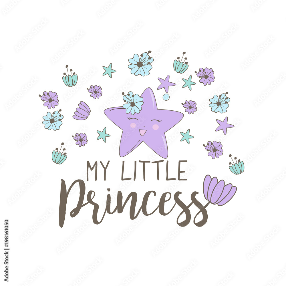 Little Hand drawn sea star, flowers and shells in pastel colors. Cute Illustration for baby showers, birthday, t-shirts, mugs, cards and backgrounds. Doodle funny character design Little Hand drawn sea star, flowers and shells in pastel colors. Cute Illustration for baby showers, birthday, t-shirts, mugs, cards and backgrounds. Doodle funny character design
