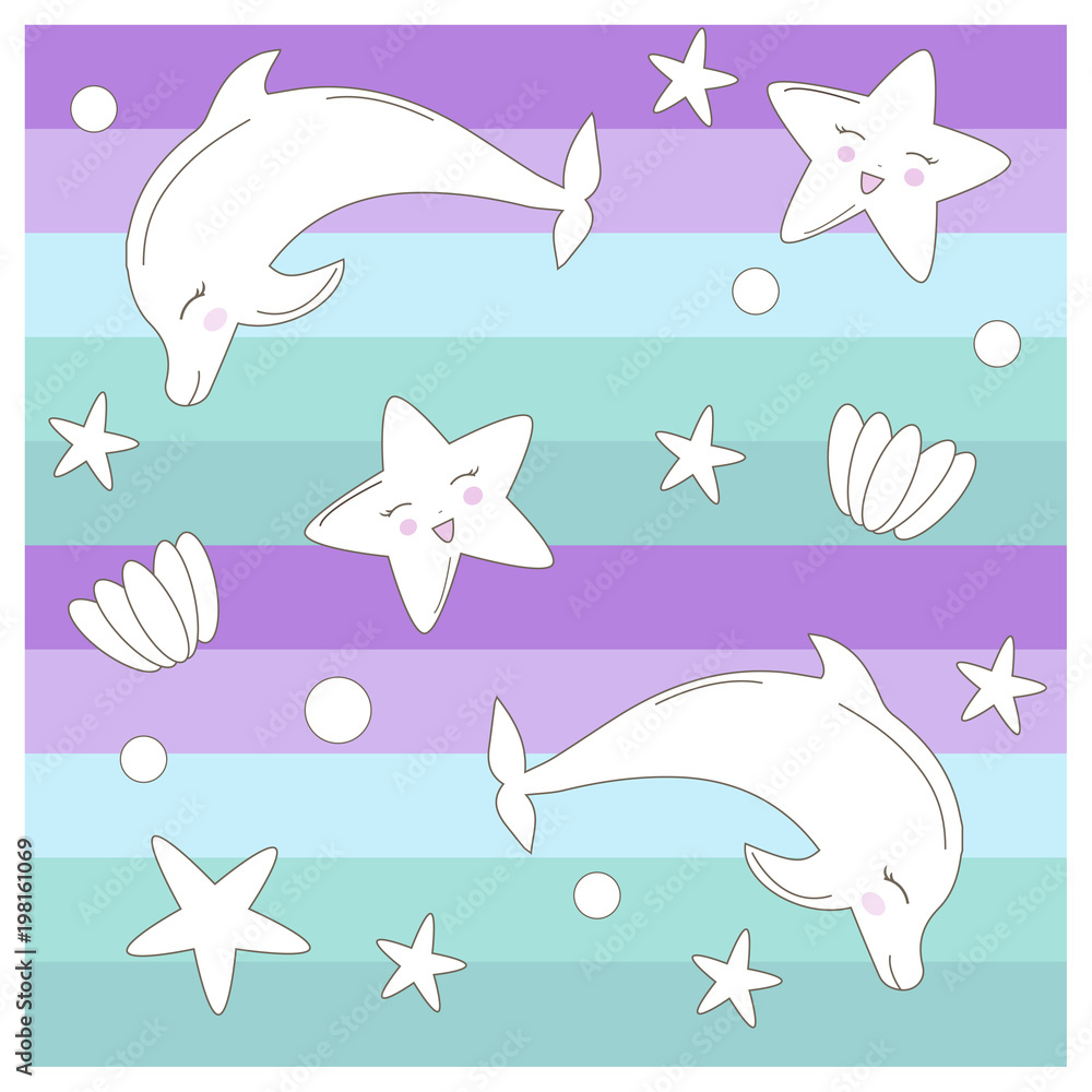 Seamless Pattern with Hand drawn with sea star, flowers and shells in pastel colors. Cute Illustration for baby showers, birthday, t-shirts, mugs, cards and backgrounds. Doodle character design Seamless Pattern with Hand drawn with sea star, flowers and shells in pastel colors. Cute Illustration for baby showers, birthday, t-shirts, mugs, cards and backgrounds. Doodle character design