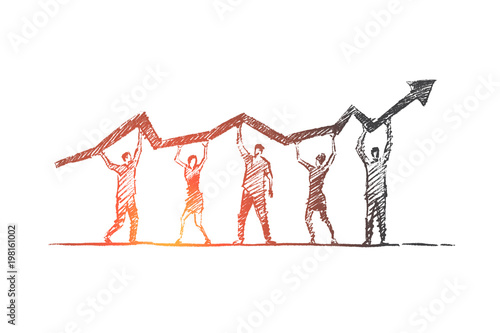 Vector hand drawn teamwork concept sketch. Team of five people standing and holding indicator of growth and development in common business on raised hands.