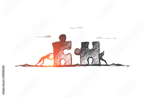 Vector hand drawn team concept sketch. Two men moving puzzle pieces towards each other to assemble it.