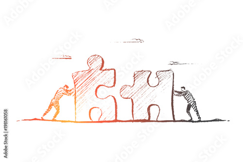 Vector hand drawn team concept sketch. Two men moving puzzle pieces towards each other to assemble it.