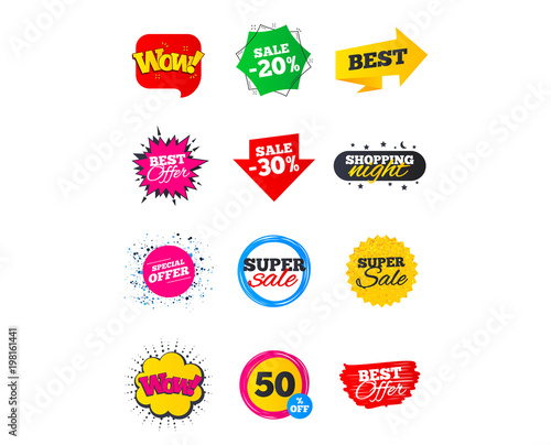 Sale banners. Best offers, discounts tags. Market sale flyers or Clearance special offers. Shopping sale stars templates. Vector illustration