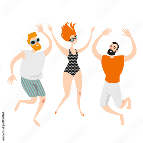 Three funny cartoon characters jumping on the beach in swimming suits and shorts. Young boy and girl dancing at a beach party. Vector illustration on white background
