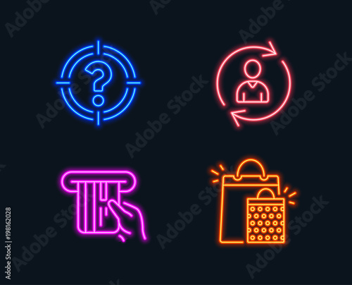 Neon lights. Set of Person info, Headhunter and Credit card icons. Shopping bags sign. Refresh user data, Aim with question mark, Atm payment. Sale marketing. Glowing graphic designs. Vector