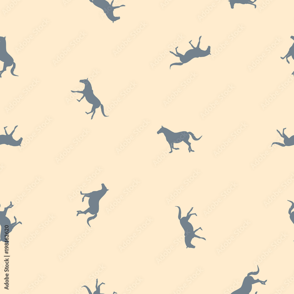 Seamless pattern small gray horses on yellow, pastel colors