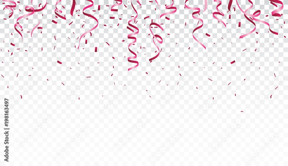 Beautiful ribbon and confetti isolated on transparent background