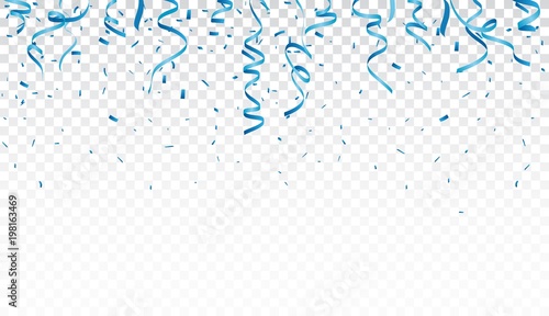 Blue confetti and ribbon, isolated on transparent background