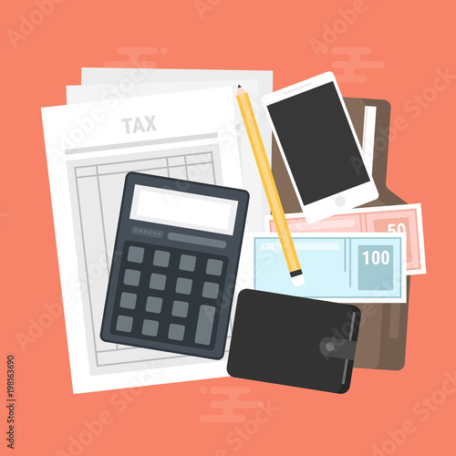 Tax calculation, budget calculation, accounting, paperwork concept. Top view. Modern flat design graphic elements for web banners, web sites, infographics. Red background. Creative vector illustration