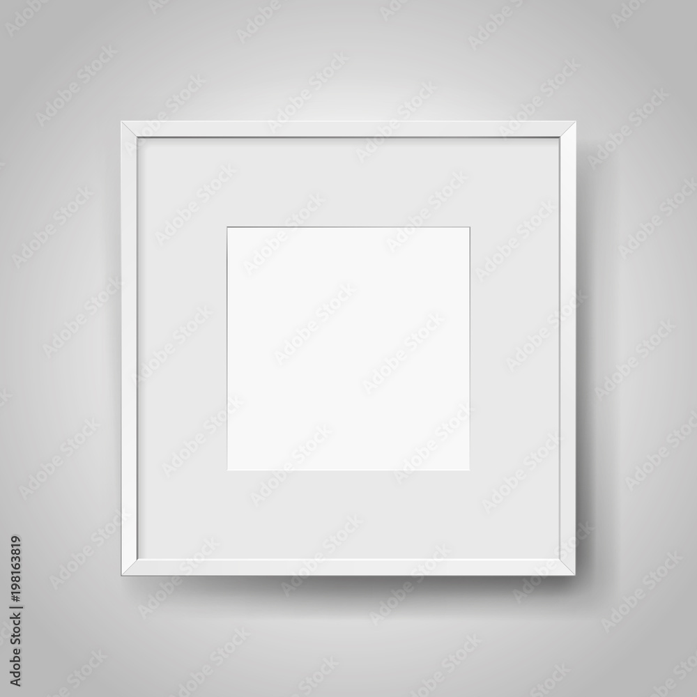 Realistic empty squre white frame with passepartout on gray background, border for your creative project, mock-up sample, picture on the wall, vector design object Realistic empty squre white frame with passepartout on gray background, border for your creative project, mock-up sample, picture on the wall, vector design object