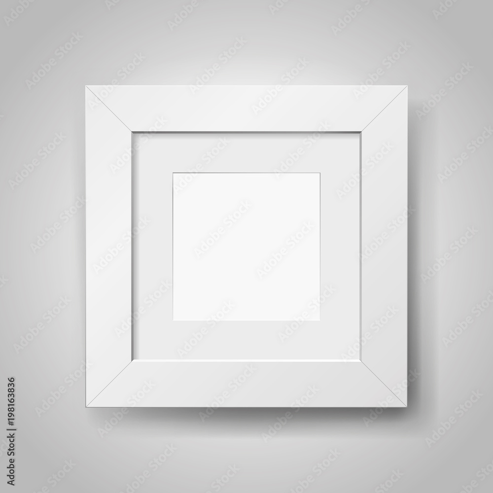 Realistic empty squre white frame with passepartout on gray background, border for your creative project, mock-up sample, picture on the wall, vector design object Realistic empty squre white frame with passepartout on gray background, border for your creative project, mock-up sample, picture on the wall, vector design object