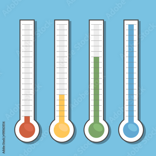 illustration of red thermometers with different levels, flat style, EPS10. Thermometer sign.