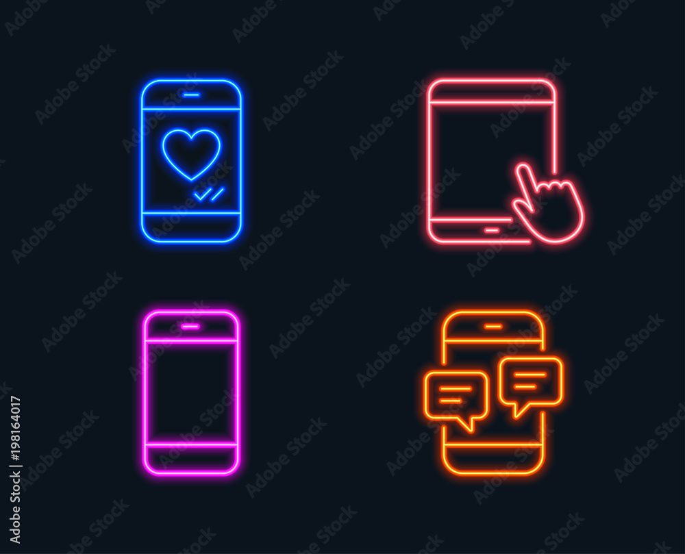 Neon lights. Set of Smartphone, Tablet pc and Love chat icons. Phone messages sign. Cellphone or phone, Touchscreen gadget, Smartphone. Mobile chat. Glowing graphic designs. Vector Neon lights. Set of Smartphone, Tablet pc and Love chat icons. Phone messages sign. Cellphone or phone, Touchscreen gadget, Smartphone. Mobile chat. Glowing graphic designs. Vector