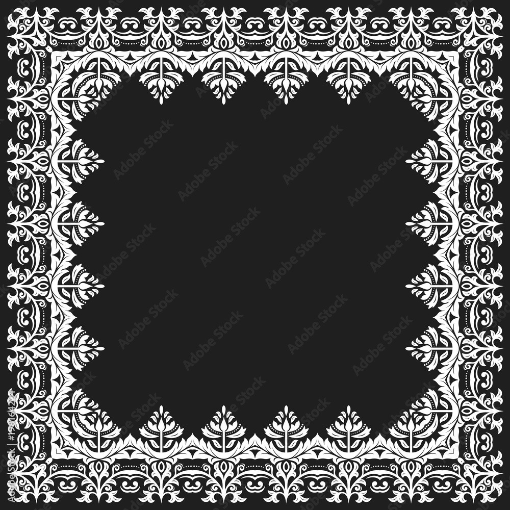 Classic vector square black and white frame with arabesques and orient elements. Abstract ornament with place for text. Vintage pattern