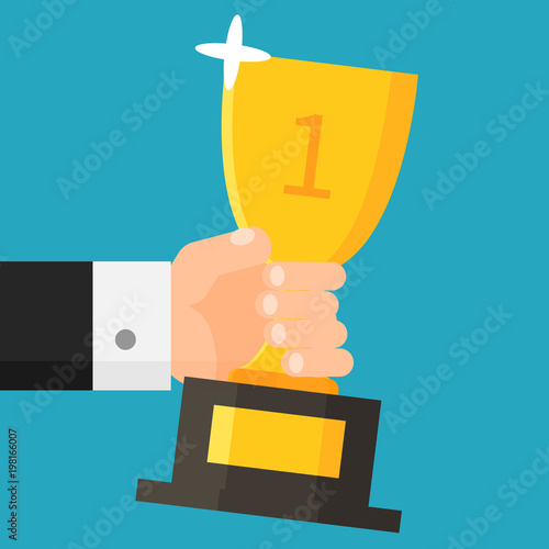 Hand holding gold cup. Businessman with trophy. Award. First place. Flat style. Vector illustration