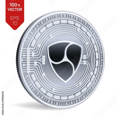 Nem. Crypto currency. 3D isometric Physical coin. Digital currency. Silver coin with Nem symbol isolated on white background. Block chain. Vector illustration.