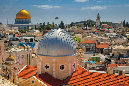 Jerusalem. Cityscape image of old town Jerusalem, Israel with the Church of St. Mary of agony and the Dome of the Rock 