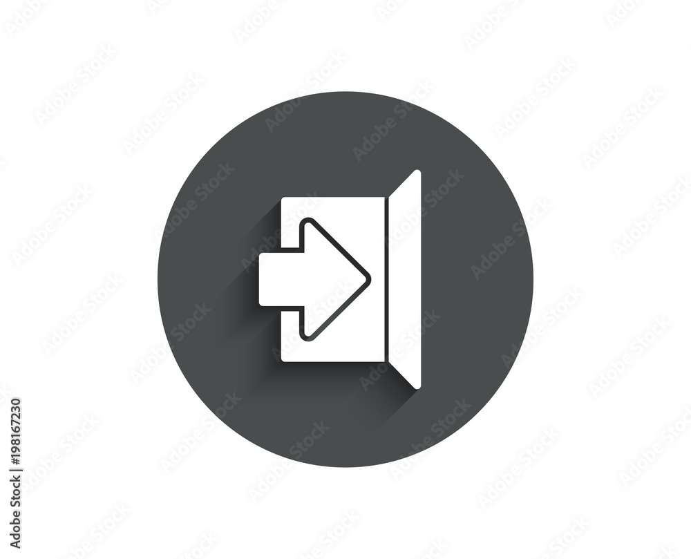 Exit simple icon. Open door sign. Entrance symbol with arrow. Circle flat button with shadow. Vector Exit simple icon. Open door sign. Entrance symbol with arrow. Circle flat button with shadow. Vector