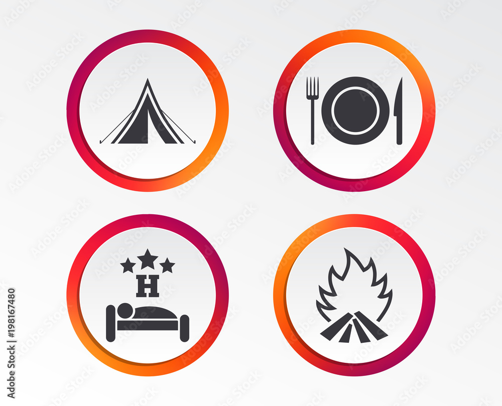 Food, sleep, camping tent and fire icons. Knife, fork and dish. Hotel or bed and breakfast. Road signs. Infographic design buttons. Circle templates. Vector Food, sleep, camping tent and fire icons. Knife, fork and dish. Hotel or bed and breakfast. Road signs. Infographic design buttons. Circle templates. Vector