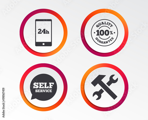 Repair fix tool icons. 24h Customer support service signs. 100% quality guarantee symbol. Hammer with wrench key. Infographic design buttons. Circle templates. Vector
