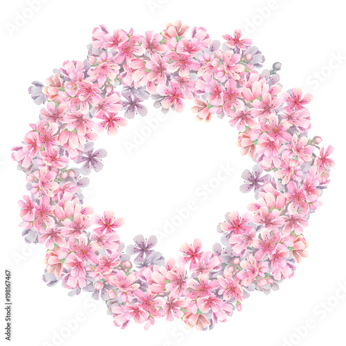 Cherry blossoms watercolor. Frame with flowers. Isolated on white background