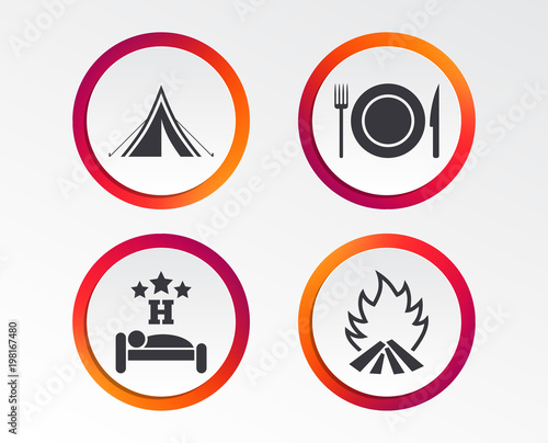 Food, sleep, camping tent and fire icons. Knife, fork and dish. Hotel or bed and breakfast. Road signs. Infographic design buttons. Circle templates. Vector