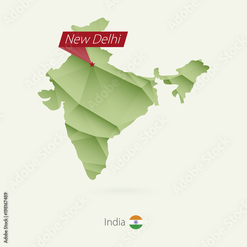 Green gradient low poly map of India with capital New Delhi