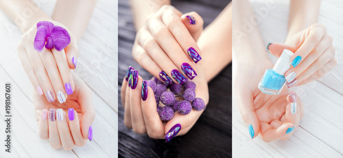 Three different manicure colors. Choice of light and dark purple with sparkles and blue colors.