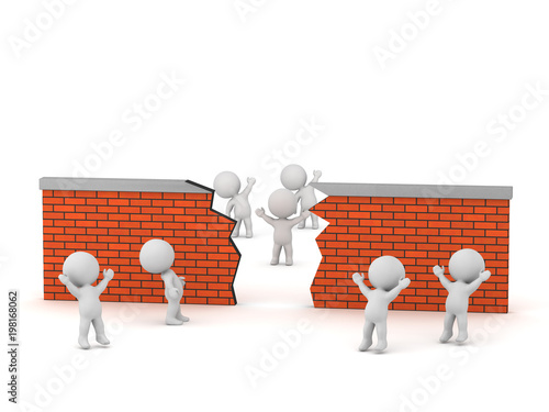 3D Characters Looking at Broken Brick Wall