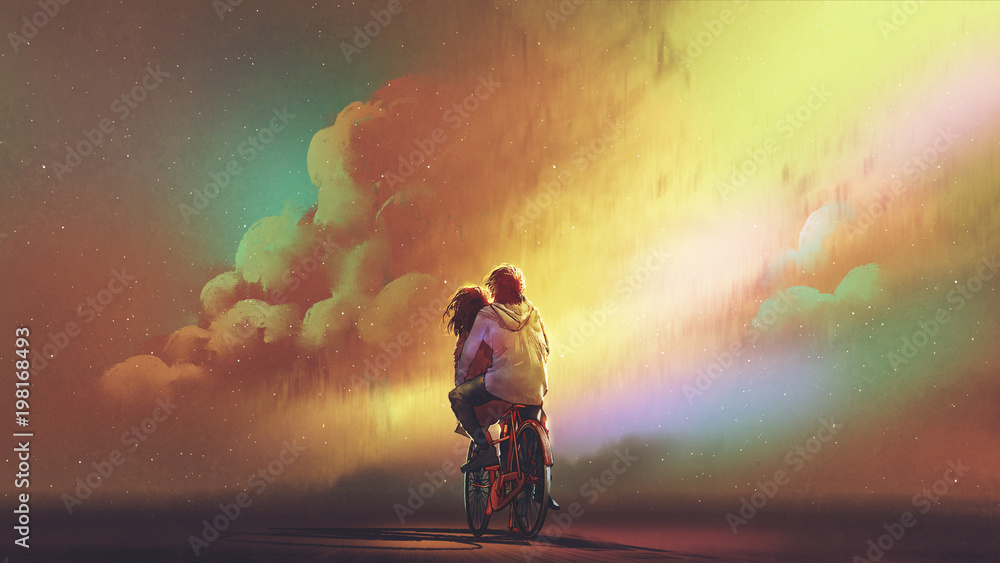 couple in love riding on bicycle against night sky with colorful clouds, digital art style, illustration painting - obrazy, fototapety, plakaty 