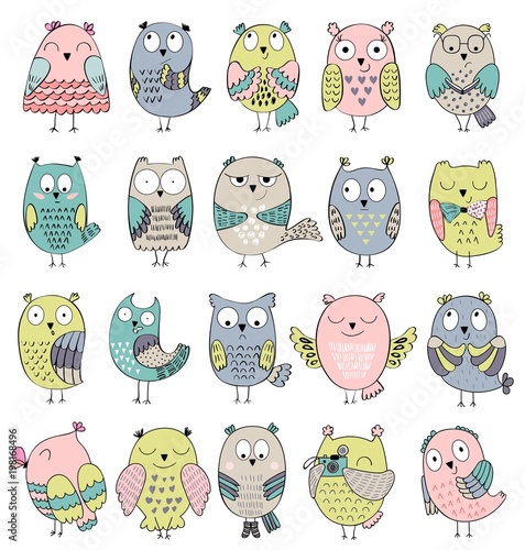 Set of cartoon owls with various emotions.