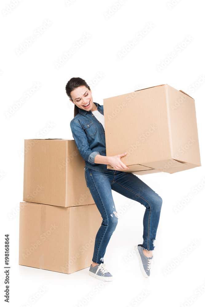 woman moving with cardboard boxes, isolated on white woman moving with cardboard boxes, isolated on white
