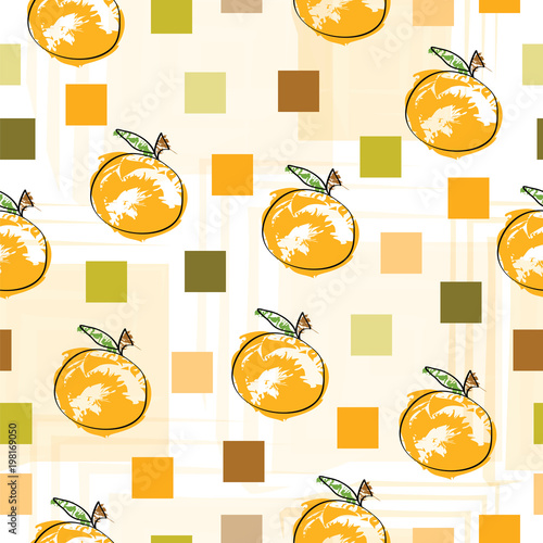 seamless pattern with oranges and squares - orange, green and yellow colors theme