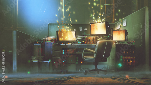 futuristic workspace with sparkling particles floating out of glowing screen, digital art style, illustration painting