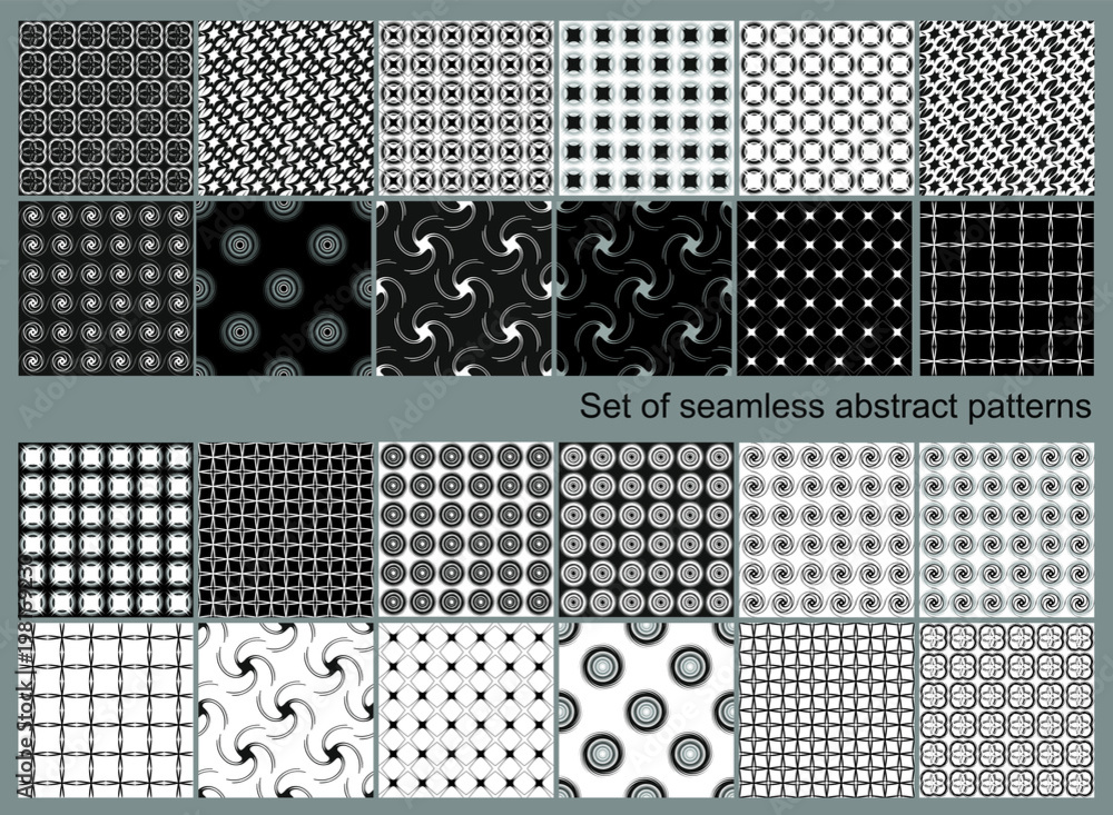 Set of seamless black and white and halftone abstract patterns