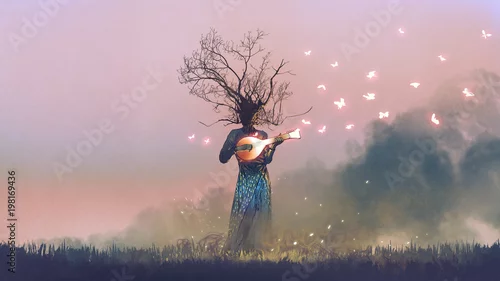 Obraz stwór z głową gałęzi grający na magicznym instrumencie strunowym banjo ze świecącymi motylami, styl cyfrowy, malowanie ilustracji
