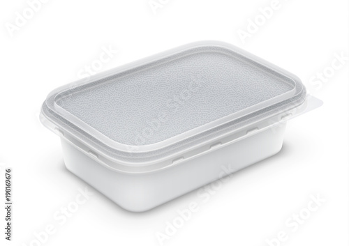 Perspective view of rectangular plastic container with foil and transparent lid. Vector packaging mockup illustration.
