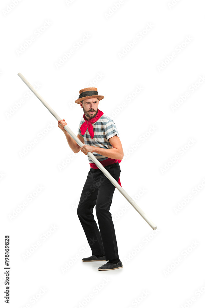 Caucasian man in traditional gondolier costume and hat Caucasian man in traditional gondolier costume and hat