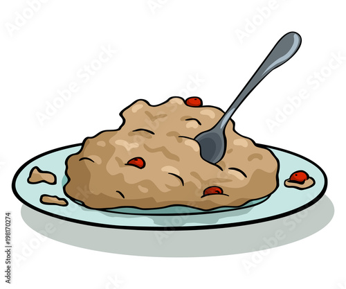porridge with fruit and berries on a plate with a spoon. Oatmeal porridge, semolina porridge, corn porridge, wheat porridge, millet porridge, barley porridge, rice porridge